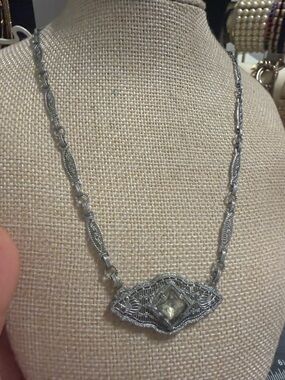 Vintage Silver tone Filigree art deco Necklace with Clear Stone